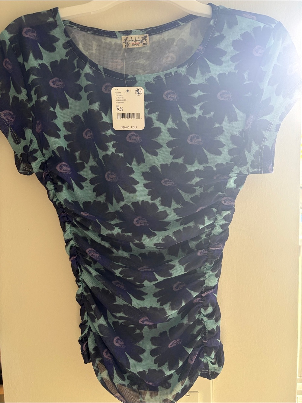 Free People Blue Green Floral Ruched Short Sleeve Top
